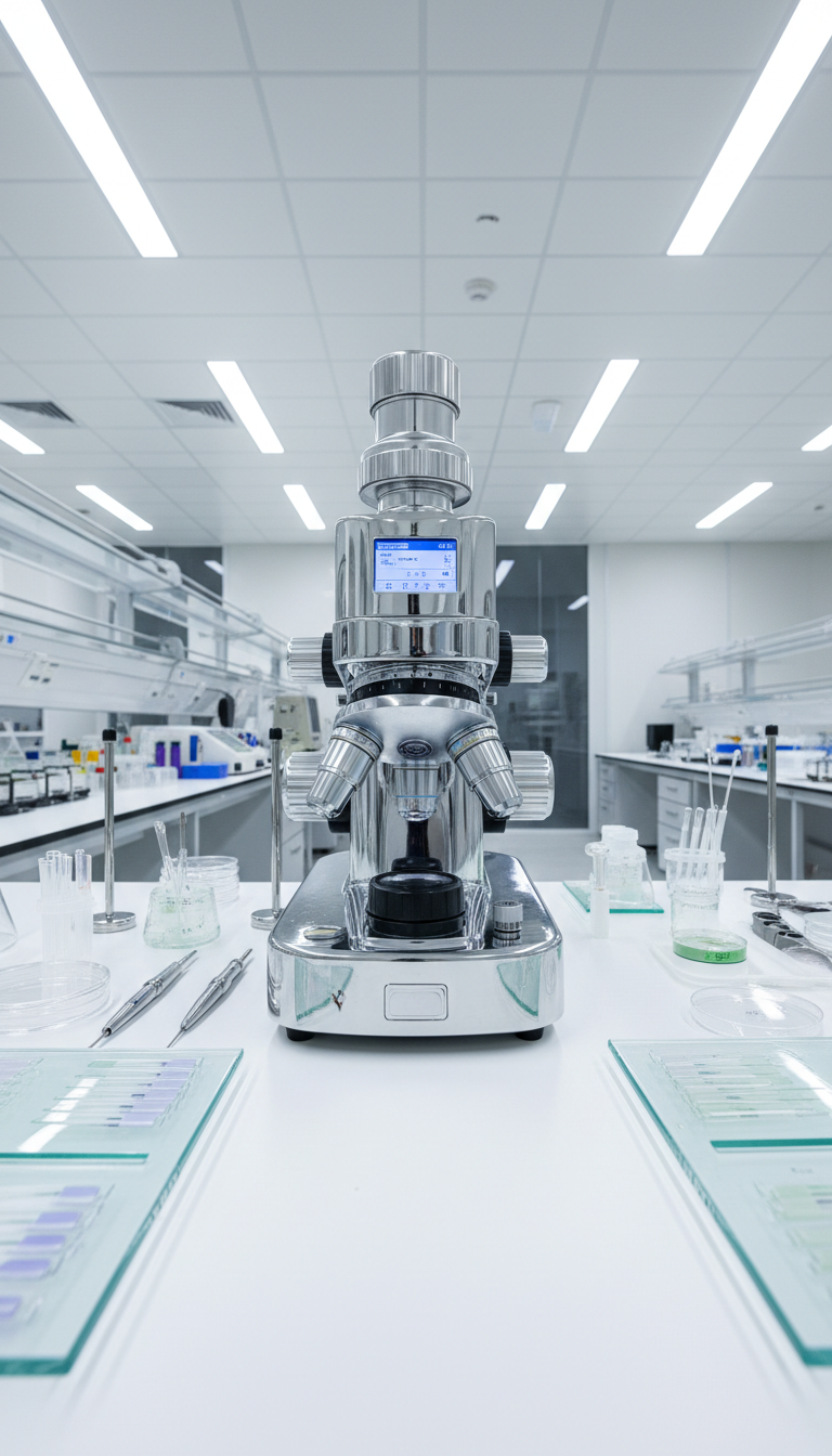 A gleaming stainless steel medical diagnostic instrument such as a high-precision electronic microscope, featuring intricate adjustment knobs, digital display panels, and fine metallic textures. The device is arranged neatly on a spotless white laboratory bench, surrounded by organized trays of sample slides and research tools. Bright, even LED lighting from above ensures every detail is crisply illuminated, casting minimal shadows and maintaining clarity. The overall atmosphere is highly professional and efficient, evoking trust and precision. Captured at eye-level with a balanced, centered composition, emphasizing clean lines and structured layout. The visual style is photographic realism, highlighting innovation and reliability, perfectly suited for a reputable medical equipment business homepage.